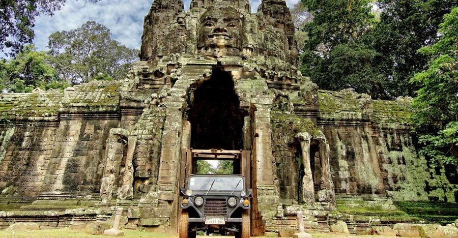 Angkor Wat in a vintage Jeep with driver - jeep rental - Bayon and the stone faces of Angkor Thom